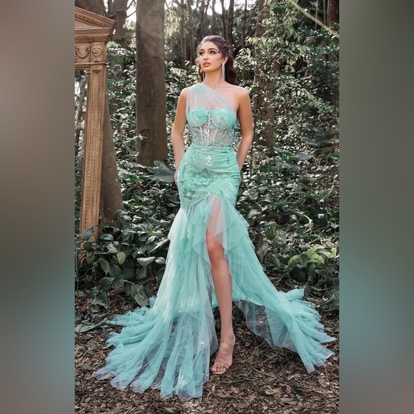 Faeriesty Dresses & Skirts - Faeriesty Luxury One Shoulder Tulle Overlay Mermaid Floral Sequin Dress Sz Large